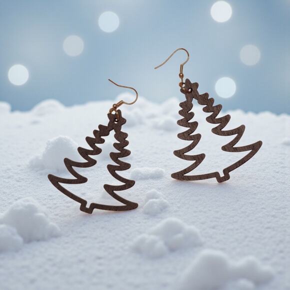Black Wood Christmas Tree Earrings | Lightweight Holiday Jewelry | 2" x 3.1" - Picture 4 of 5